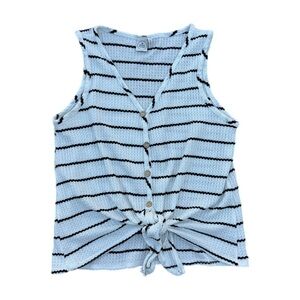 Paper Crane | Striped Button Up Tie Front Sleeveless Waffle Knit Top